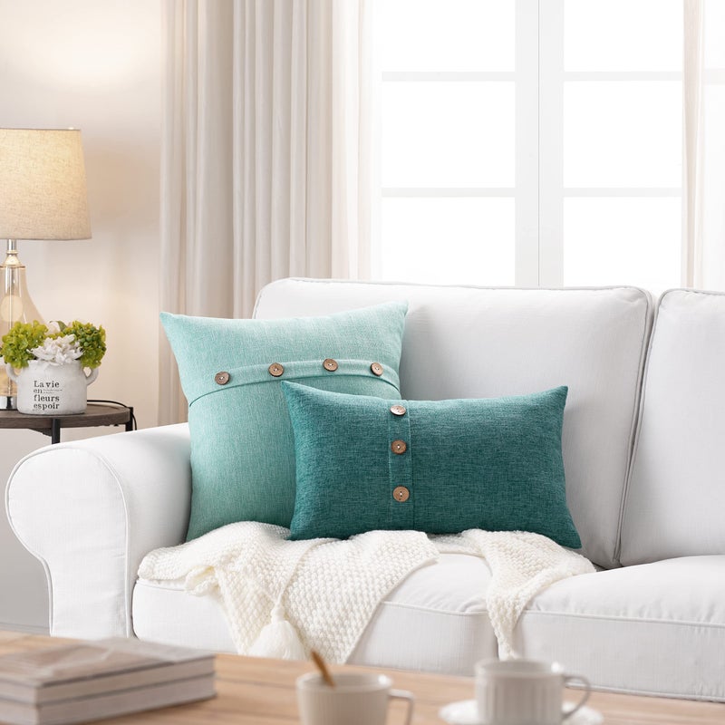 Meekio Set of 2 Aqua Square Pillow Covers 16 x 16 Farmhouse Boho Pillow Covers with Coconut Buttons for Sofa Couch Living Room Bedroom Farmhouse D?cor for The Home - Image 3